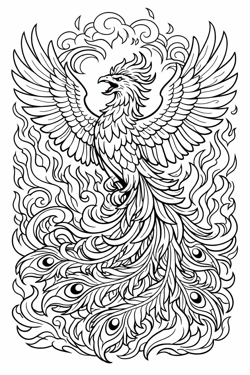 Stylized phoenix rising with spread wings above swirling flames in black-and-white line art.