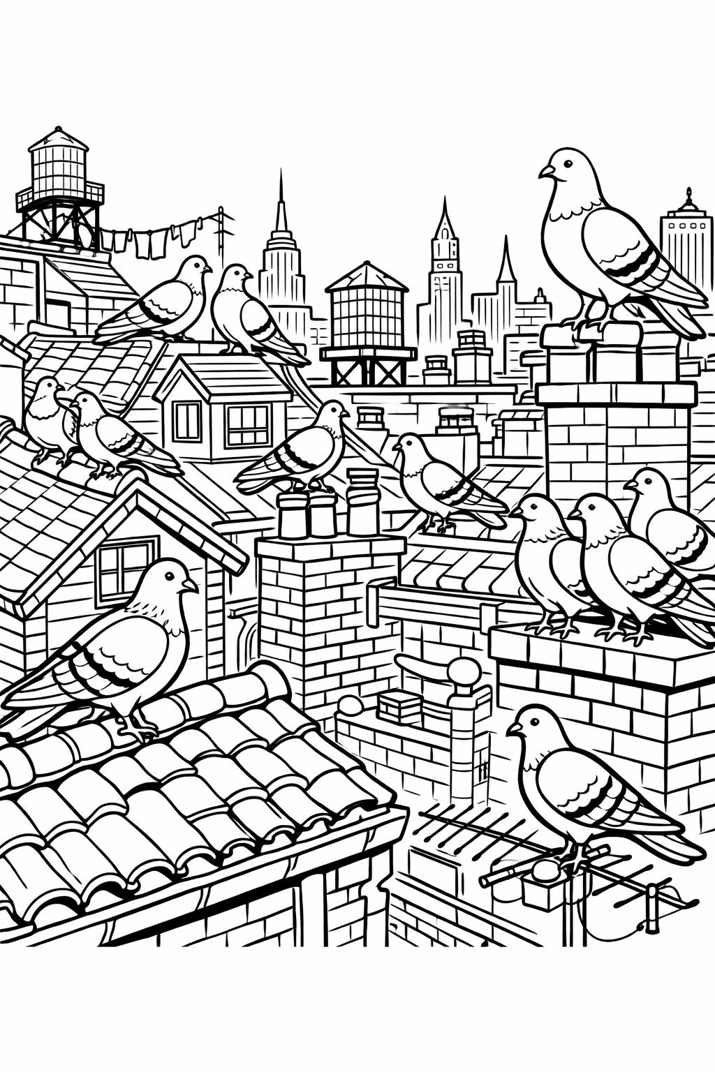 Pigeons perched on tiled rooftops with a dense city skyline in the background.