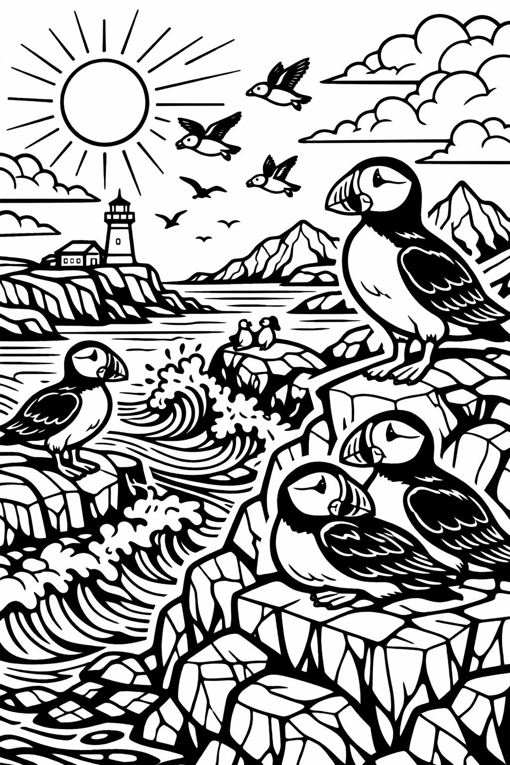 Coastal scene with puffins perched on rocky cliffs, waves crashing, and a lighthouse in the distance.
