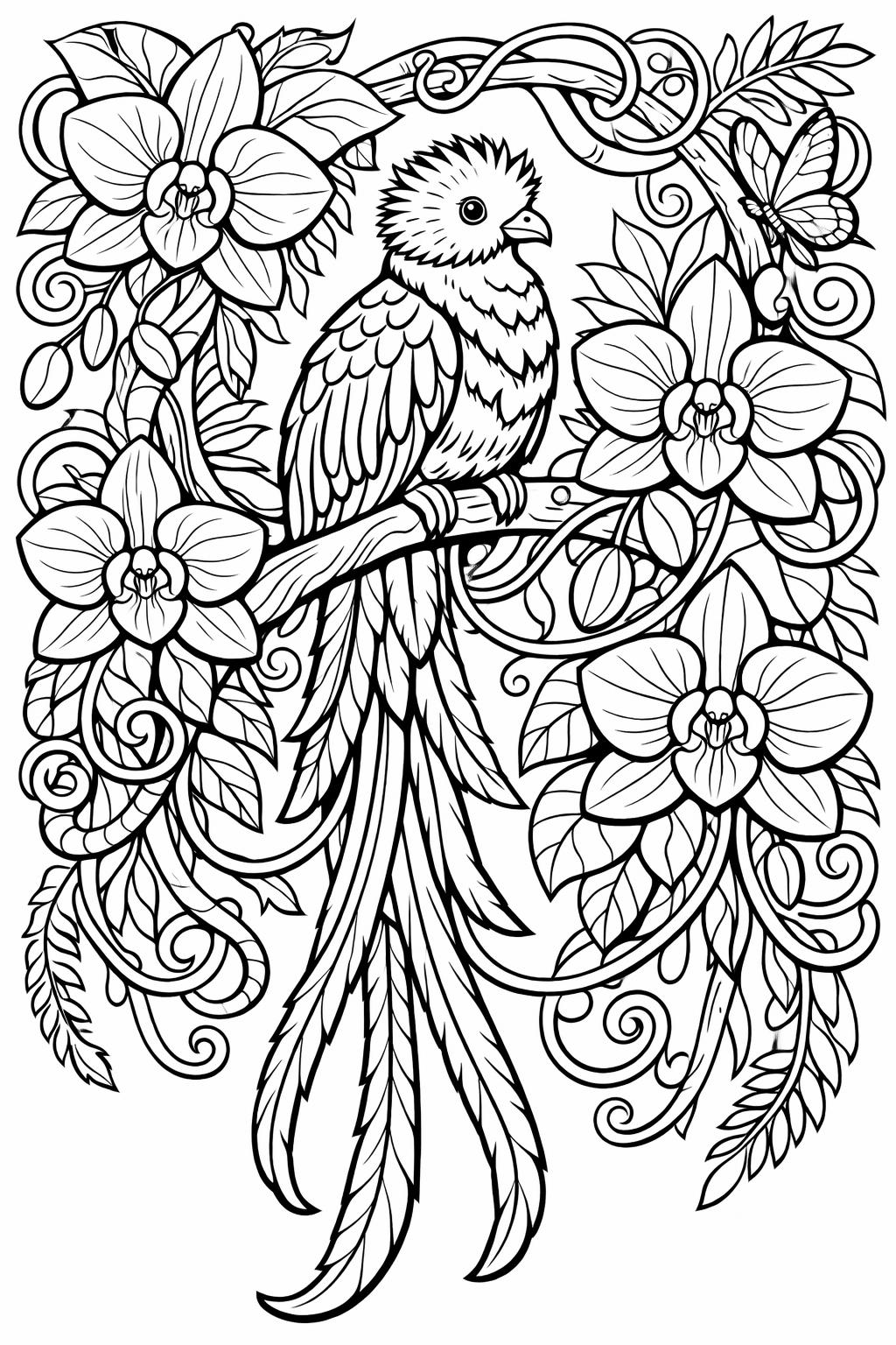 Line drawing of a parrot perched on a branch among large orchid flowers and curling vines.