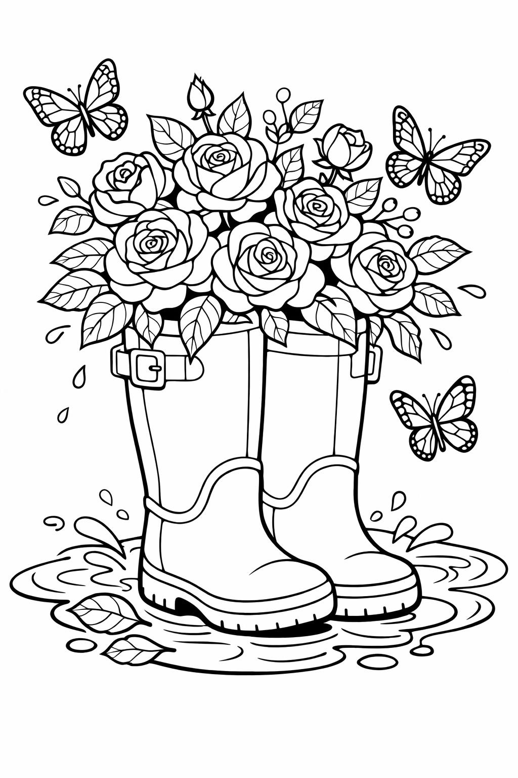 rose and butterfly page | flower with butterfly art | nature coloring sheet