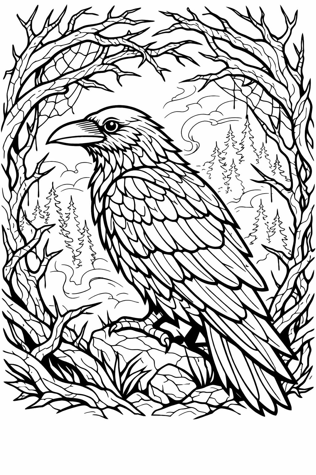 Coloring-page illustration of a raven perched on a rock, framed by twisted tree branches with a forest and clouds in the background.