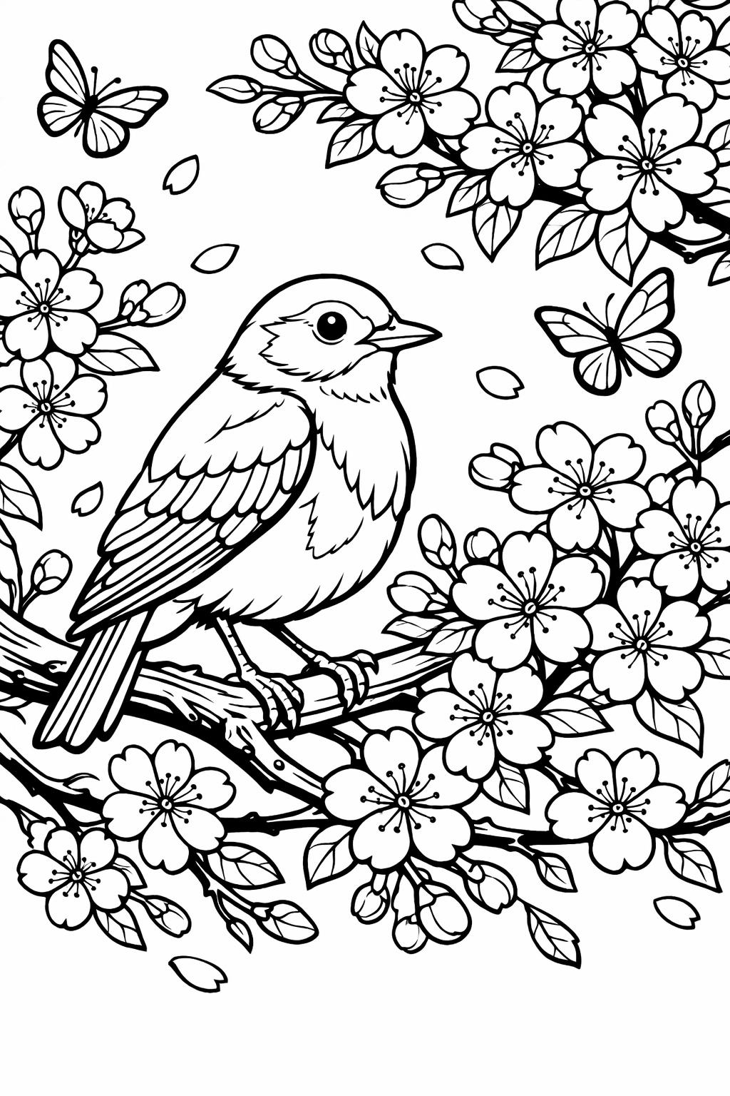 garden bird coloring page | bird among flowers | relaxing outdoor illustration