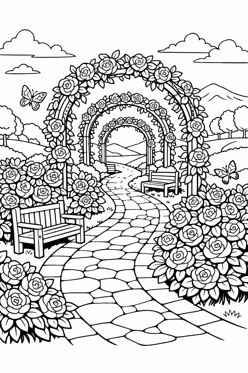 thorned rose coloring page | detailed rose stem design | botanical line art