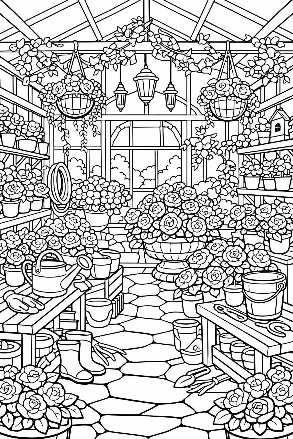 rose landscape coloring page | outdoor floral scenery | peaceful nature artwork