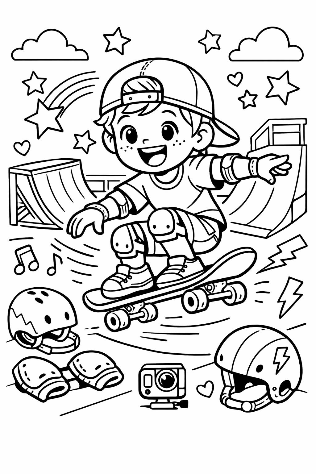 Joyful kid in a backward cap skating at a skate park with ramps, wearing knee and elbow pads and wrist guards; helmet, extra pads, a GoPro-style camera on the ground nearby.