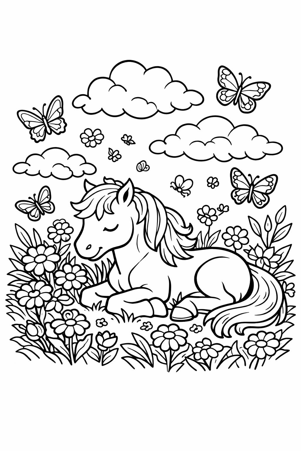 baby horse coloring page | adorable foal illustration | cute farm animal page