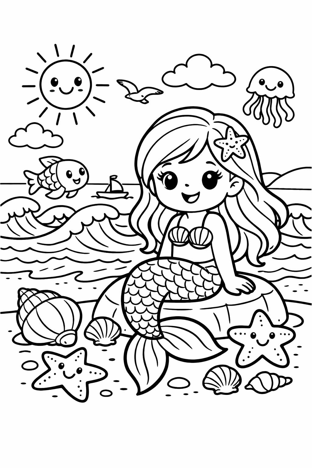 cute mermaid coloring page | adorable ocean princess | fun underwater artwork