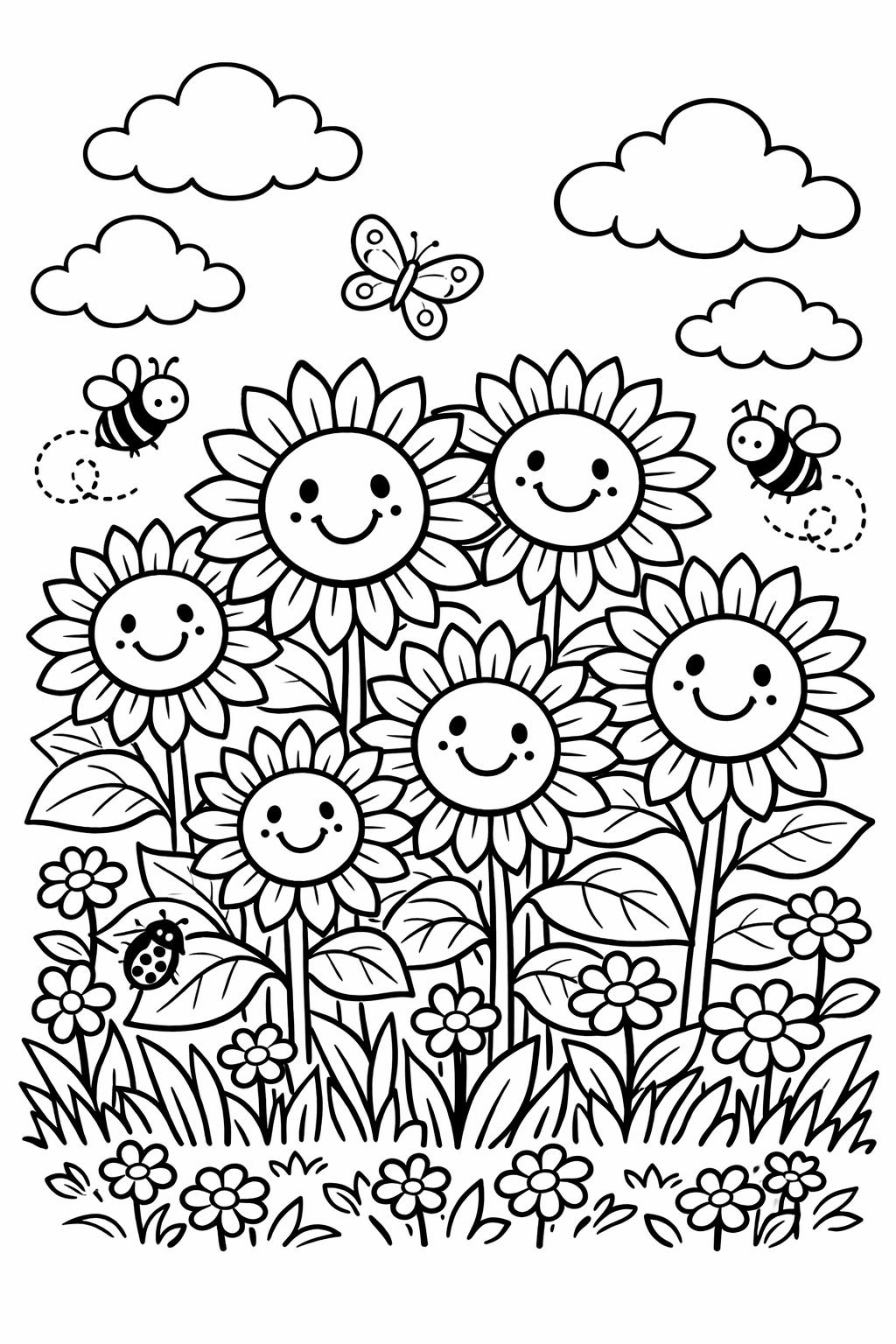 sunflower landscape coloring page | scenic floral field | peaceful outdoor artwork