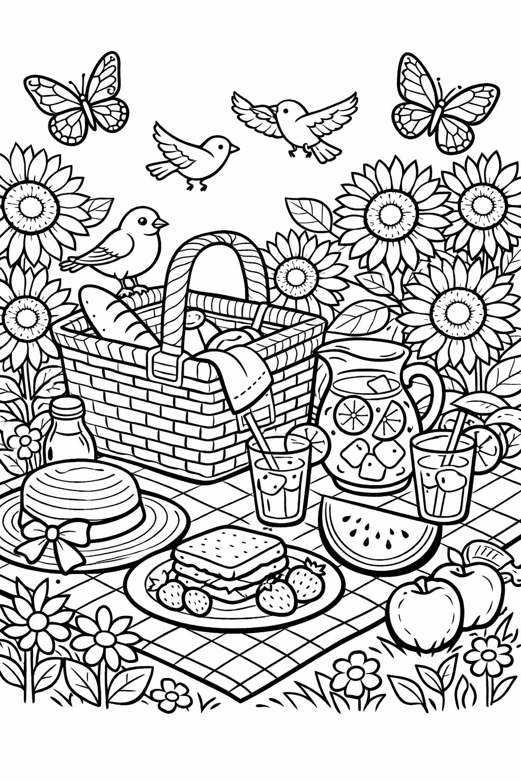 sunflower and butterfly page | flower with butterfly design | nature coloring artwork