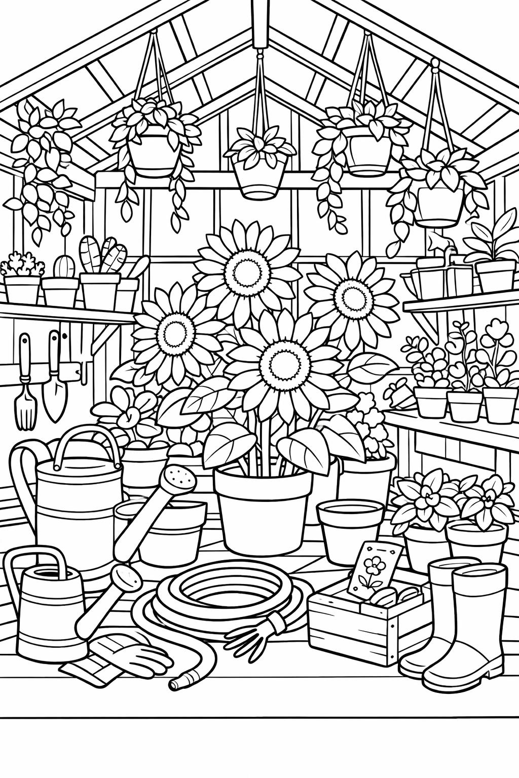 sunflower field coloring page | blooming outdoor scene | peaceful floral artwork