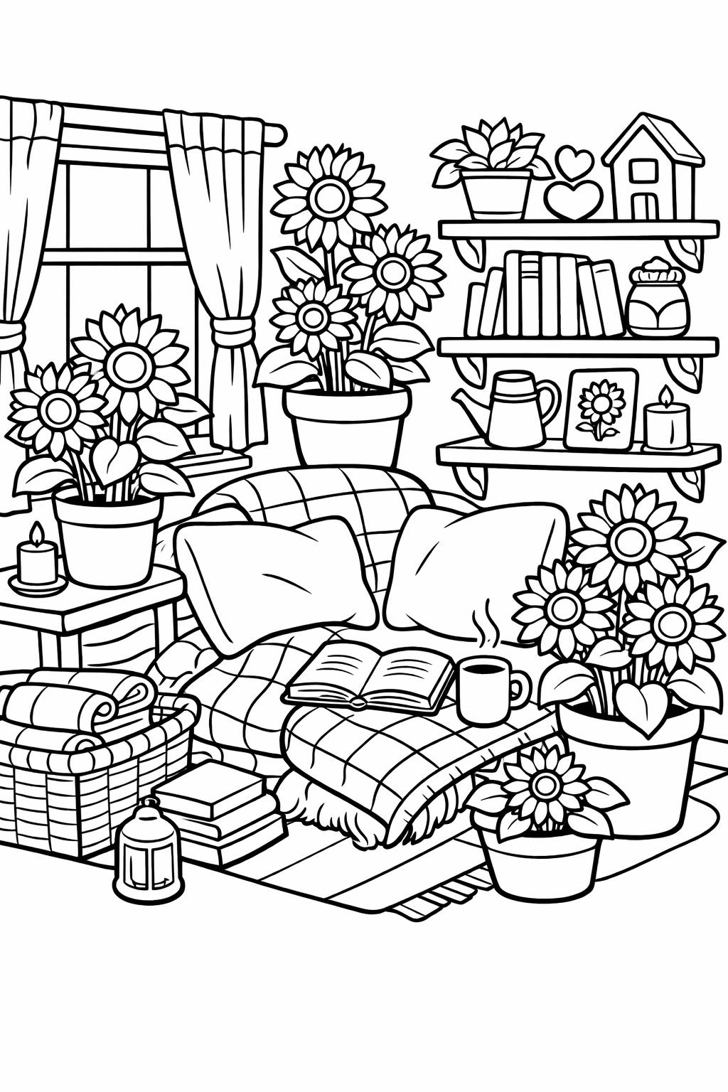 sunflower bouquet coloring page | floral arrangement artwork | elegant coloring sheet
