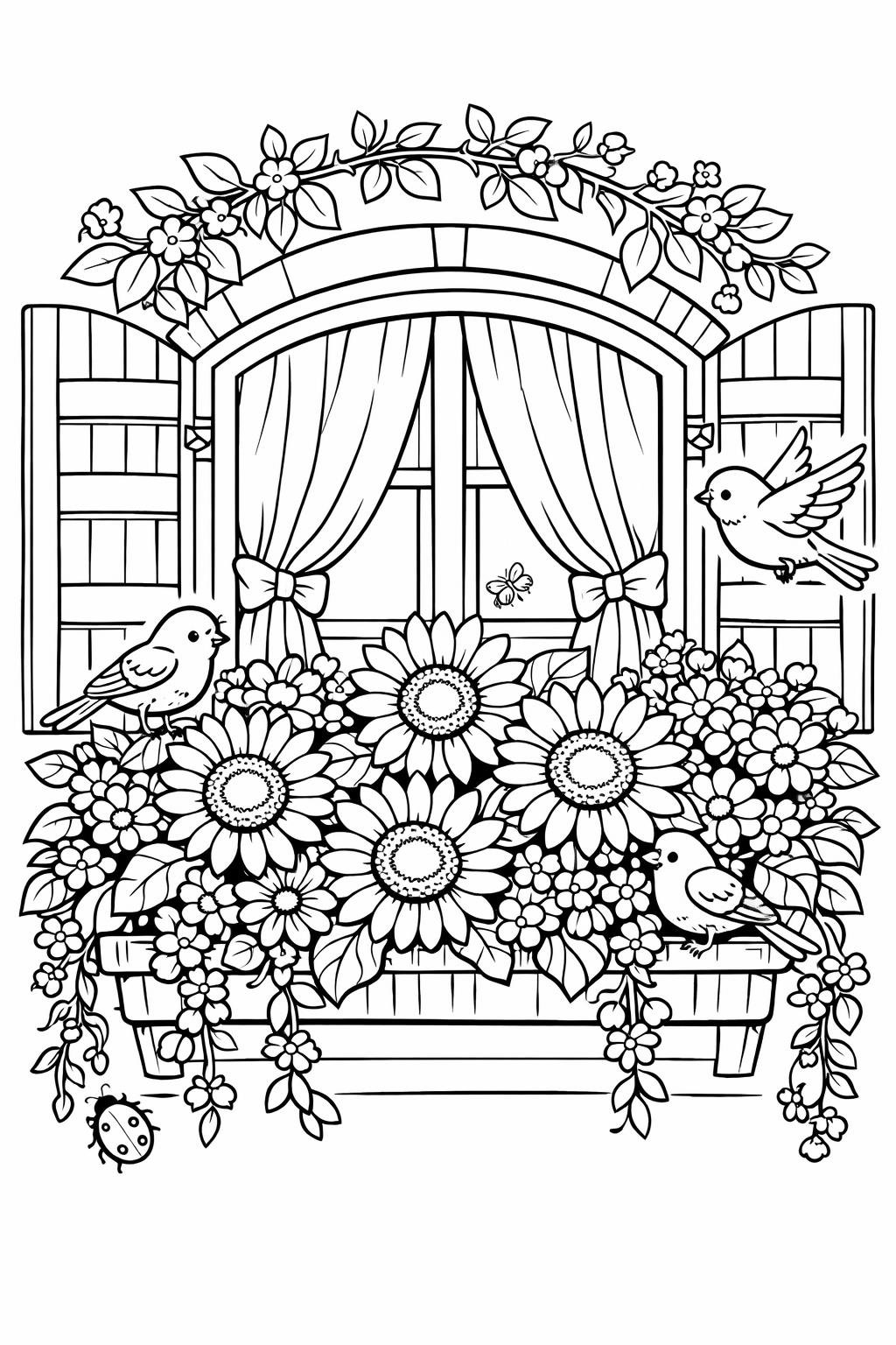 sunflower garden coloring page | blooming flower scene | relaxing nature artwork