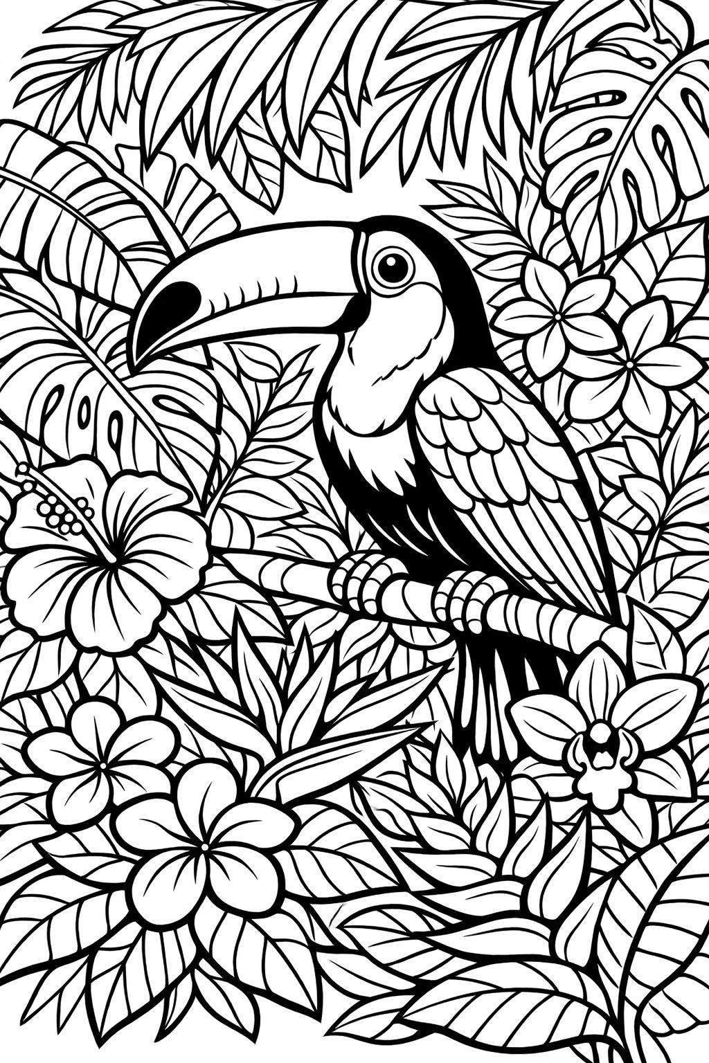 jungle bird coloring page | rainforest bird scene | tropical coloring design