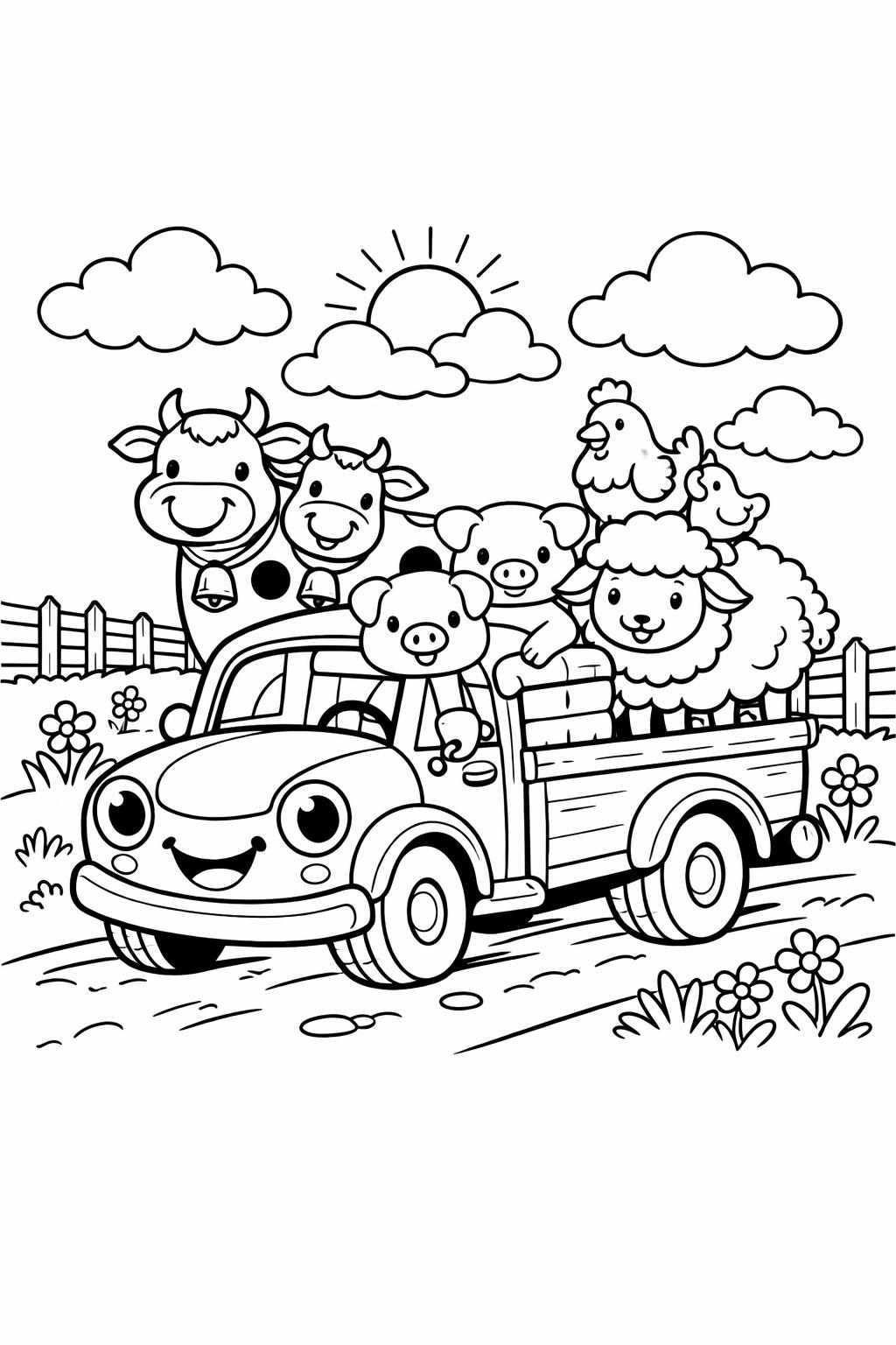 cartoon truck coloring page | playful truck character | kids vehicle artwork