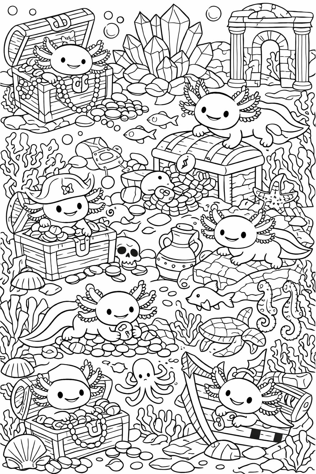 underwater axolotl coloring page | aquatic habitat artwork | relaxing nature sheet