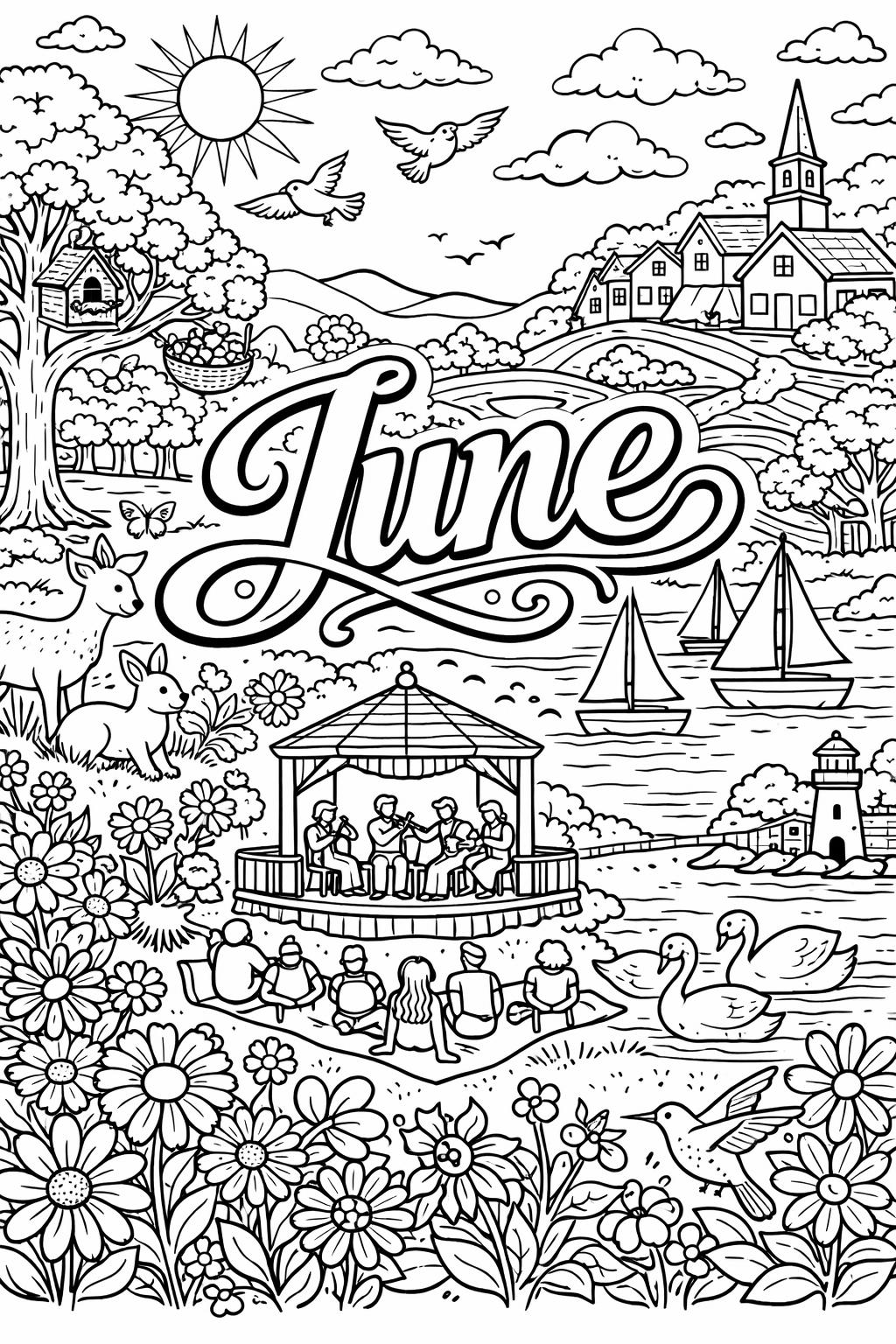 June coloring page | monthly themed coloring sheet | summer coloring design