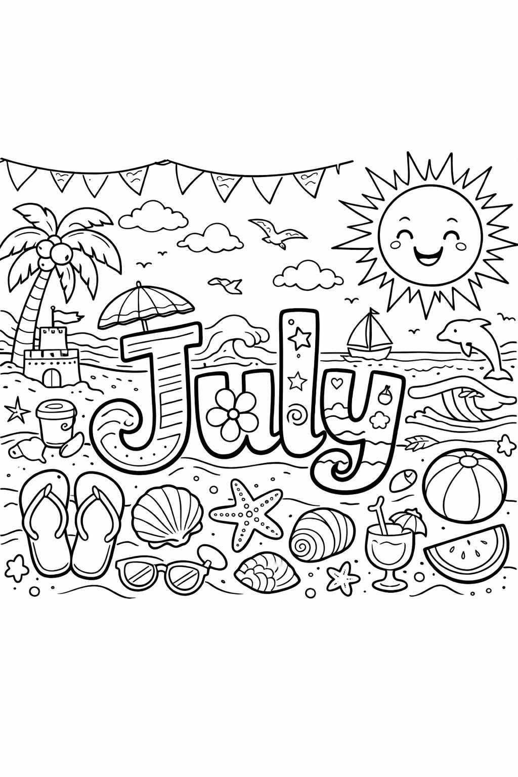 July calendar coloring page | monthly planner illustration | seasonal coloring sheet
