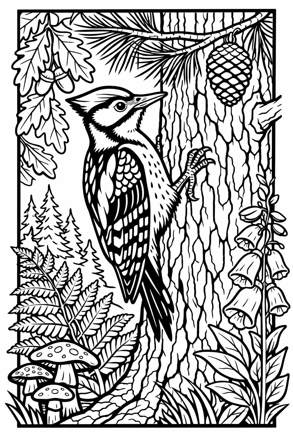 Woodpecker clinging to a tree trunk in a dense forest, with mushrooms, ferns, and pine cones around.