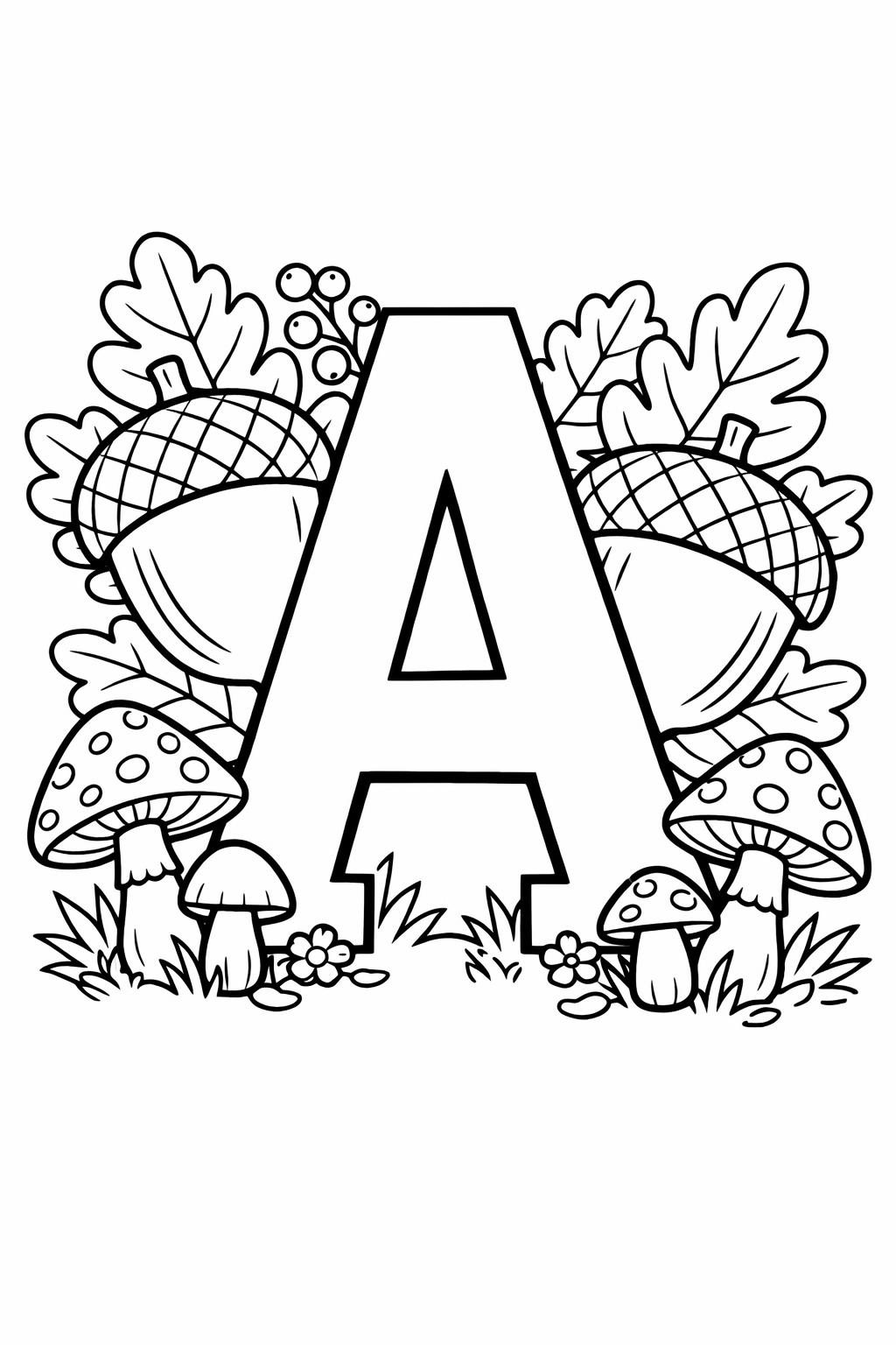 Large outlined letter A surrounded by mushrooms and leaves for coloring exercise.