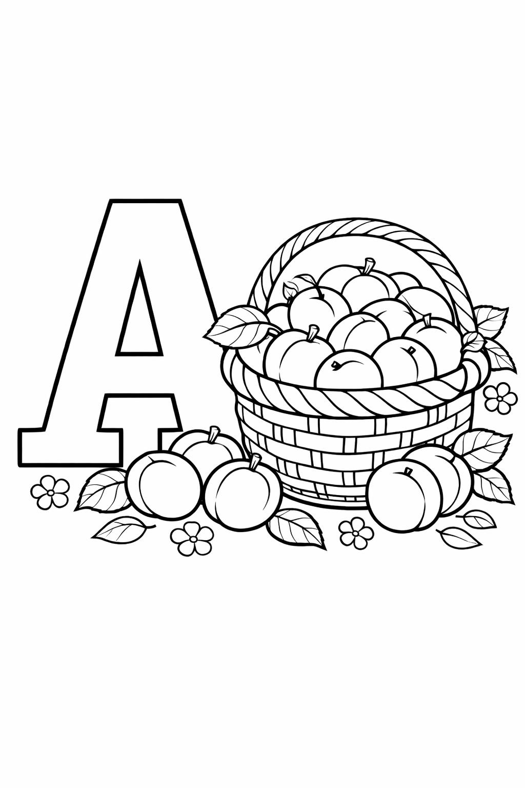 smiling letter A coloring page | cute alphabet illustration | preschool coloring page