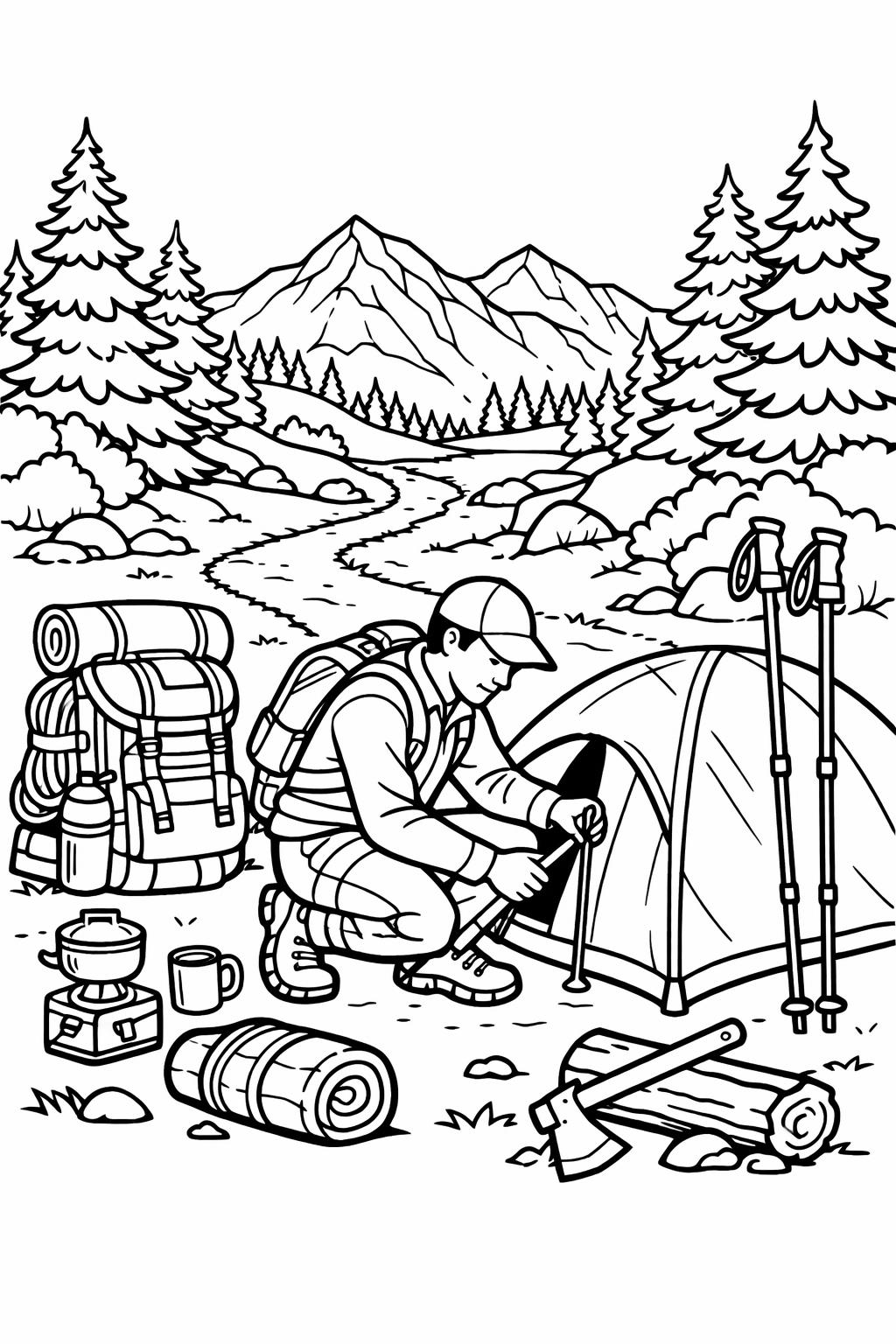 lake camping coloring page | waterside outdoor scene | peaceful nature artwork