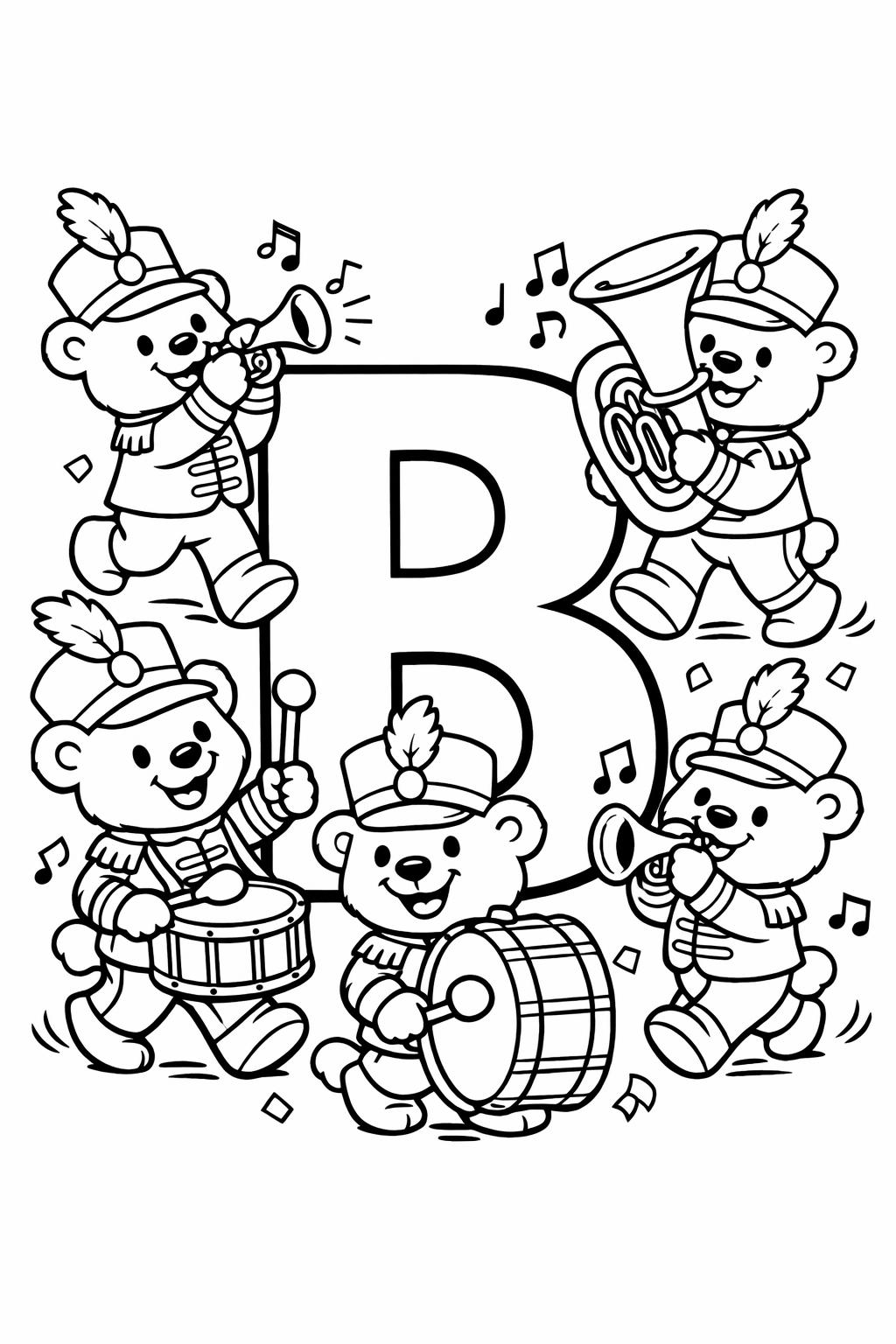 Coloring-page illustration of six bears in band uniforms playing drums, trumpet, and sousaphone around a giant letter B.