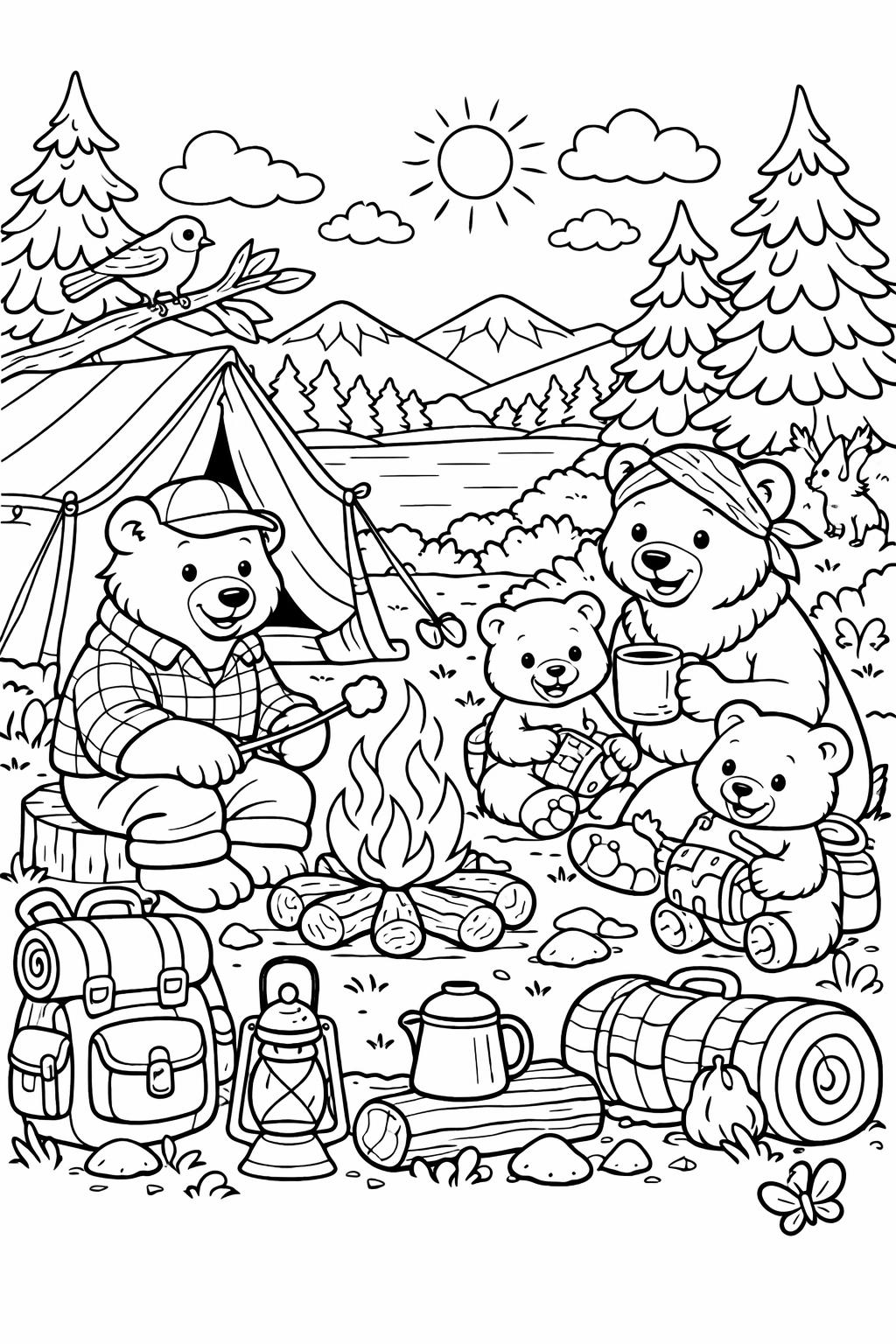 camping family coloring page | outdoor gathering scene | fun adventure artwork