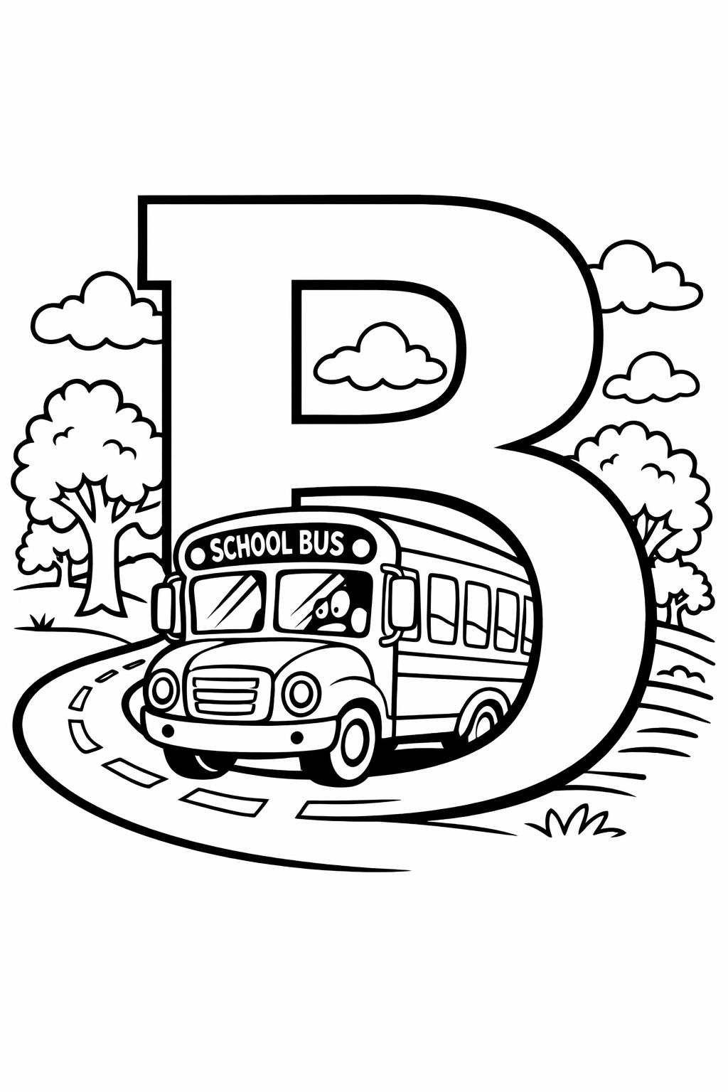 smiling letter B coloring page | cute alphabet illustration | preschool coloring page