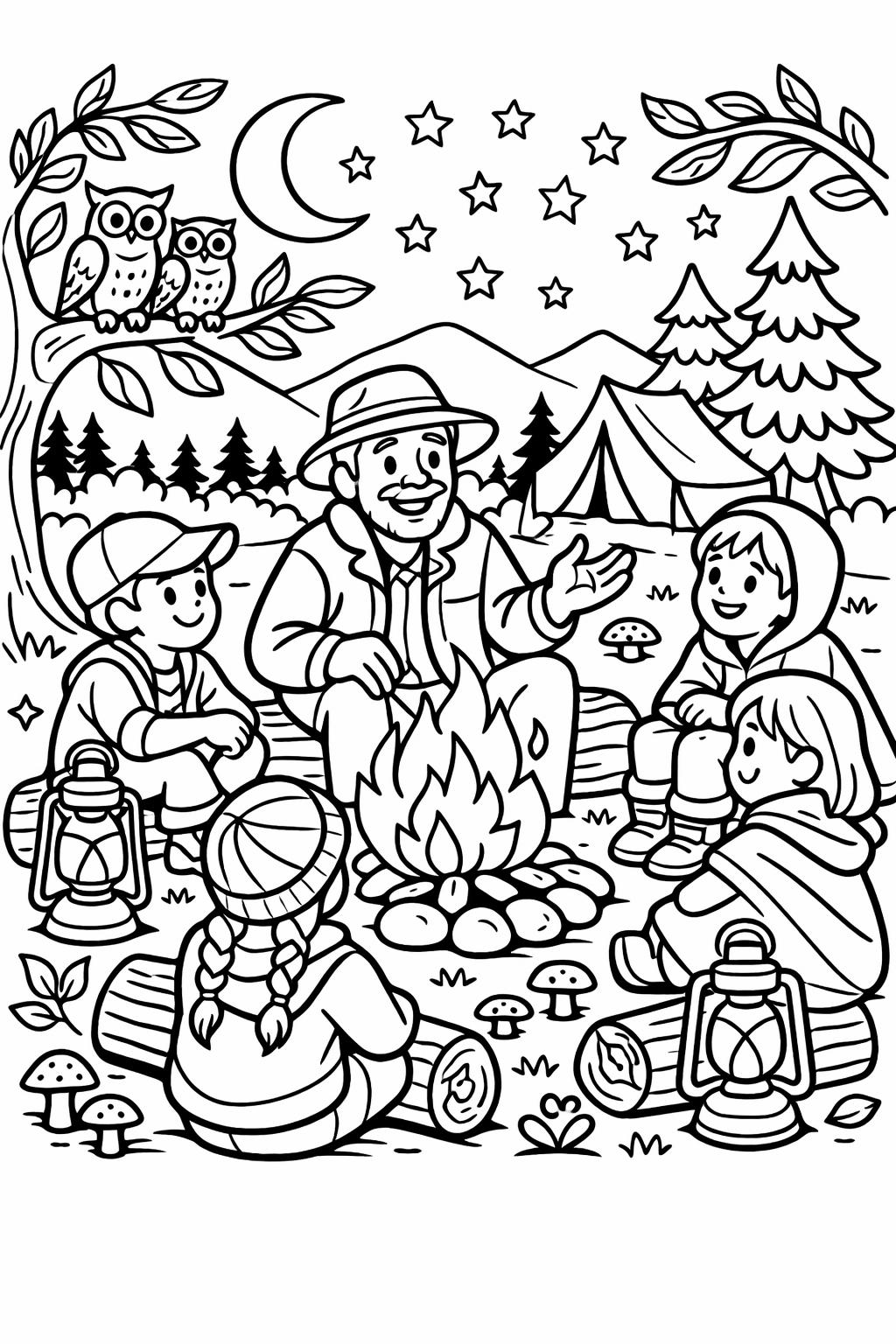 camping and mountains page | scenic outdoor landscape | adventure coloring page