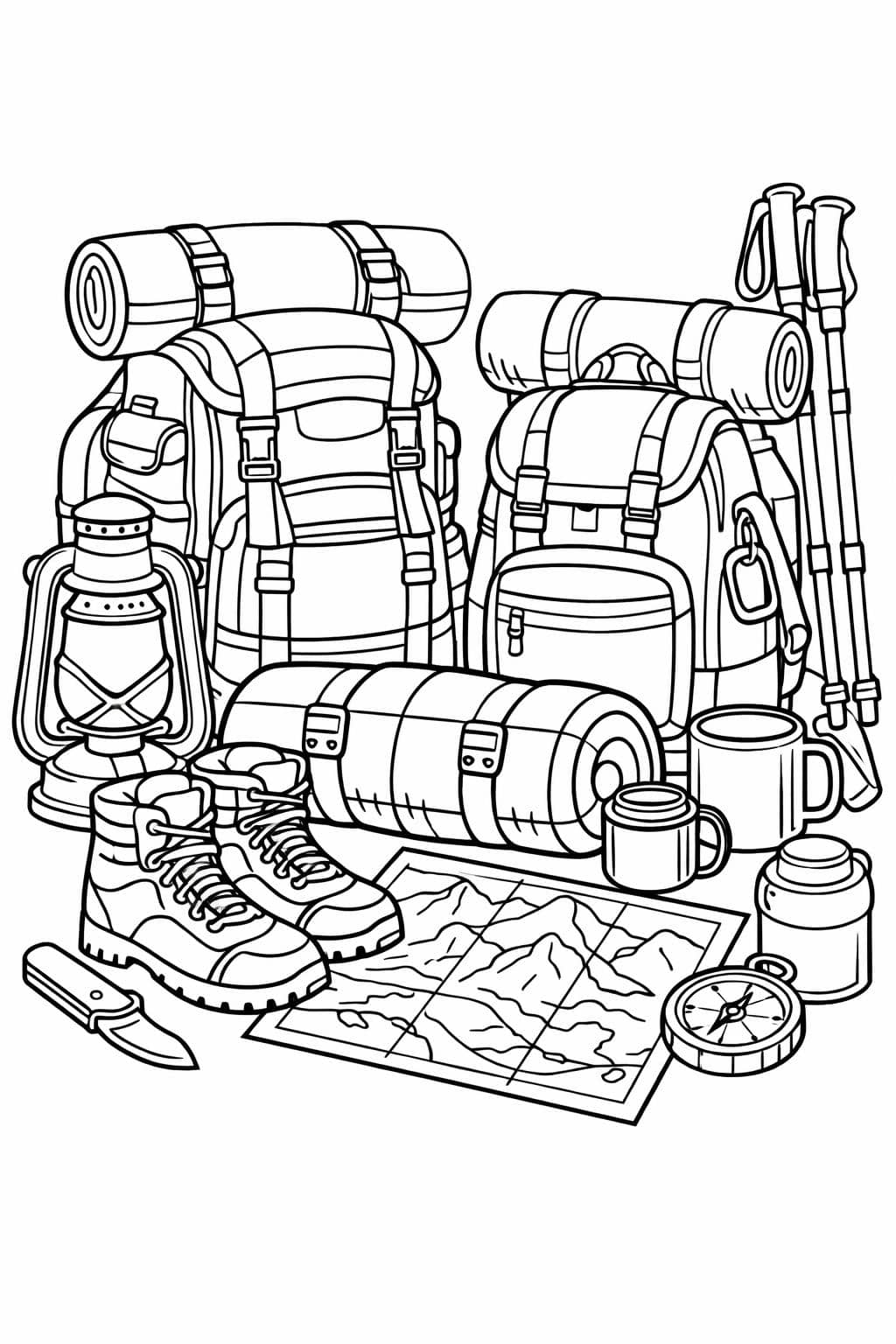 camping gear coloring page | outdoor equipment illustration | fun activity page