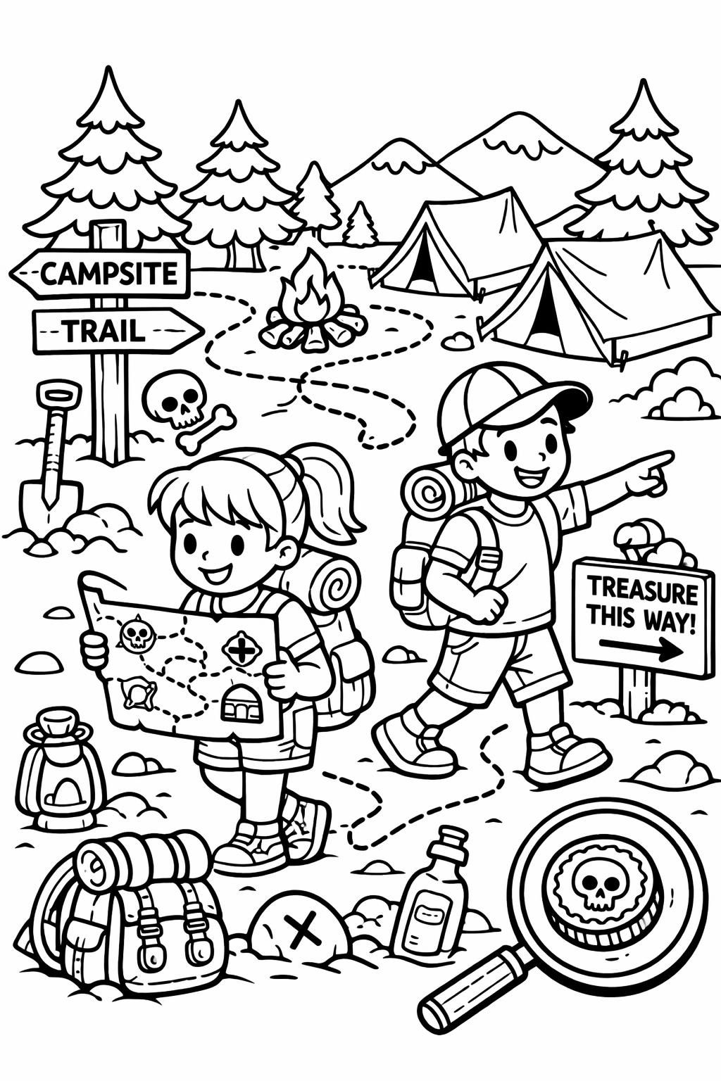 hiking coloring page | trail adventure illustration | nature themed sheet