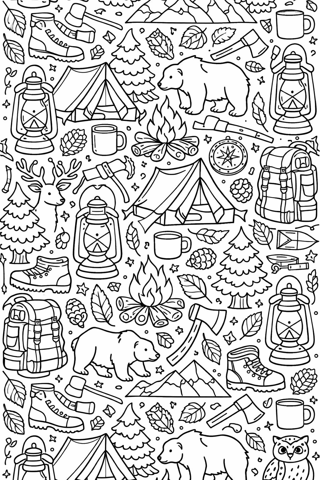 campfire coloring page | cozy camping illustration | relaxing nature page