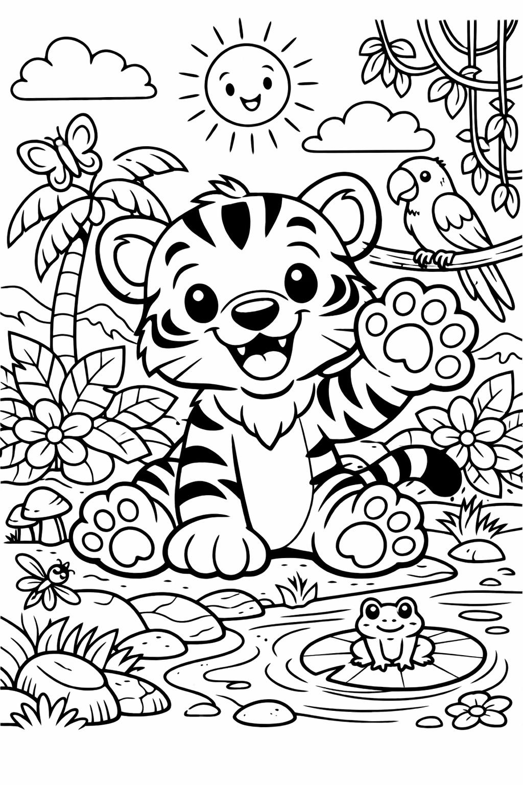 playful tiger coloring page | energetic tiger cub | fun coloring design