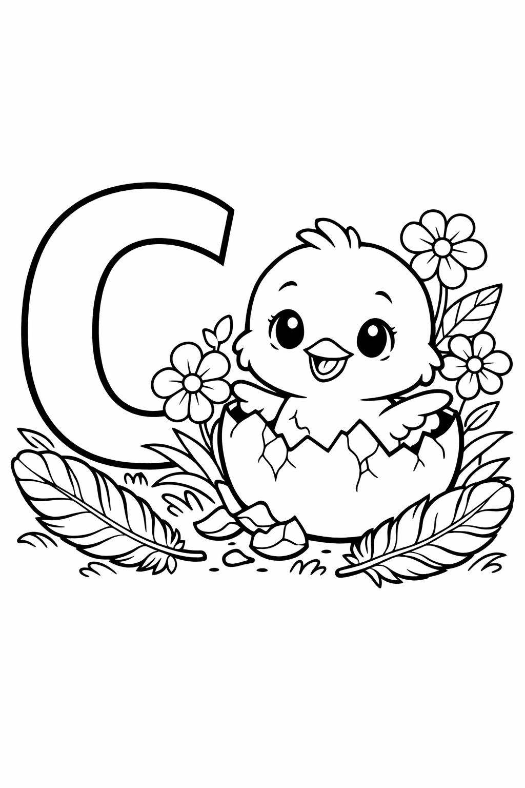 Cute chick hatching from a cracked eggshell beside flowers and the letter C.