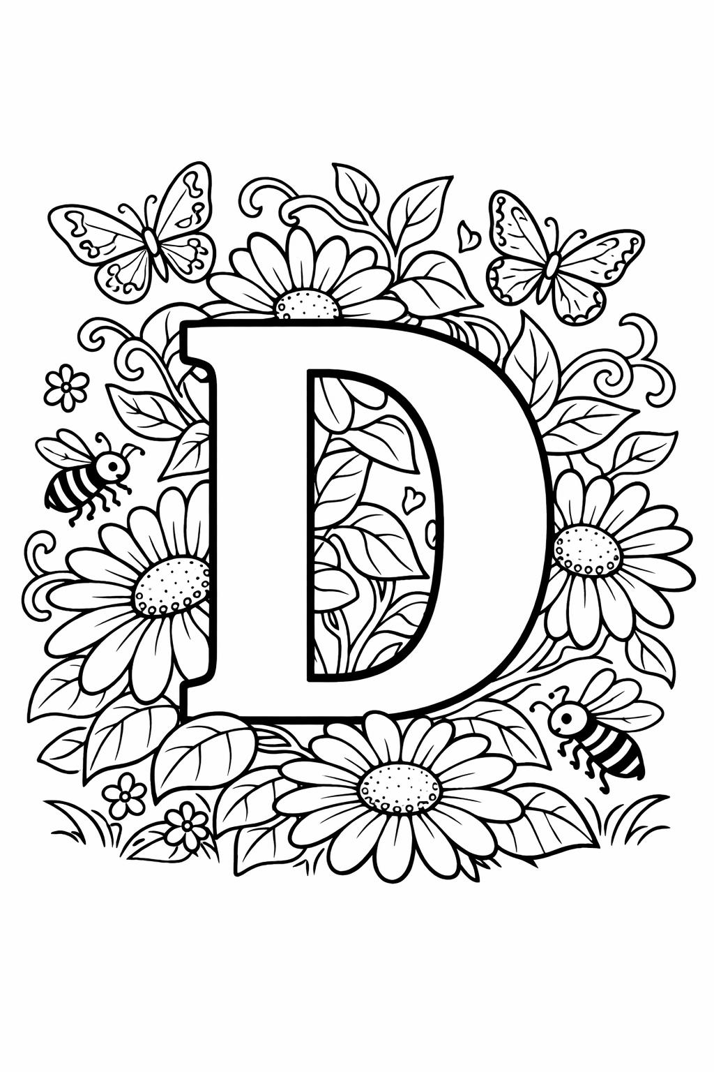 Bold capital letter D surrounded by daisies, leaves, butterflies and a bee in a coloring-page scene.
