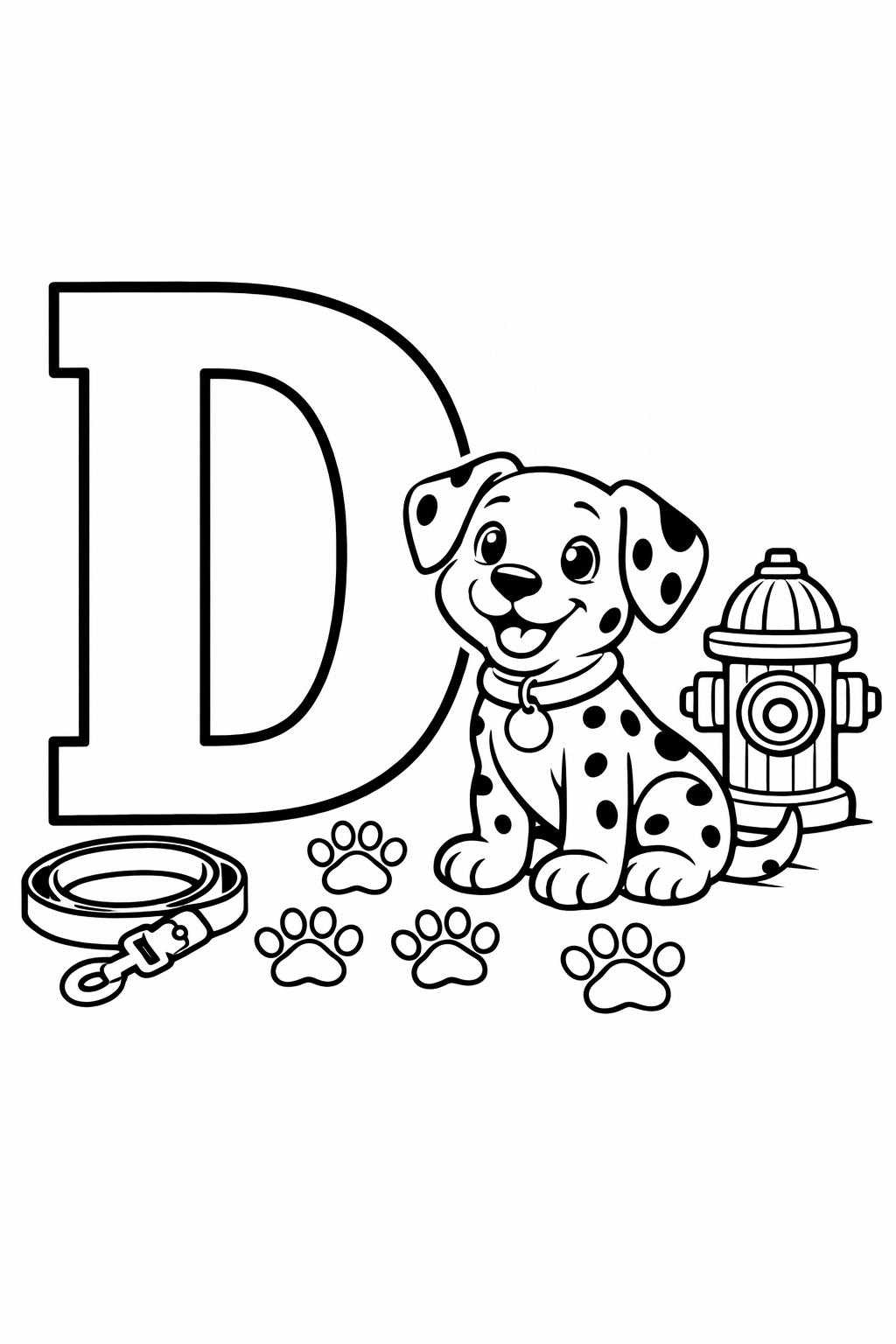 Coloring page showing a large letter D with a Dalmatian puppy, paw prints, a leash, a bowl, and a hydrant.