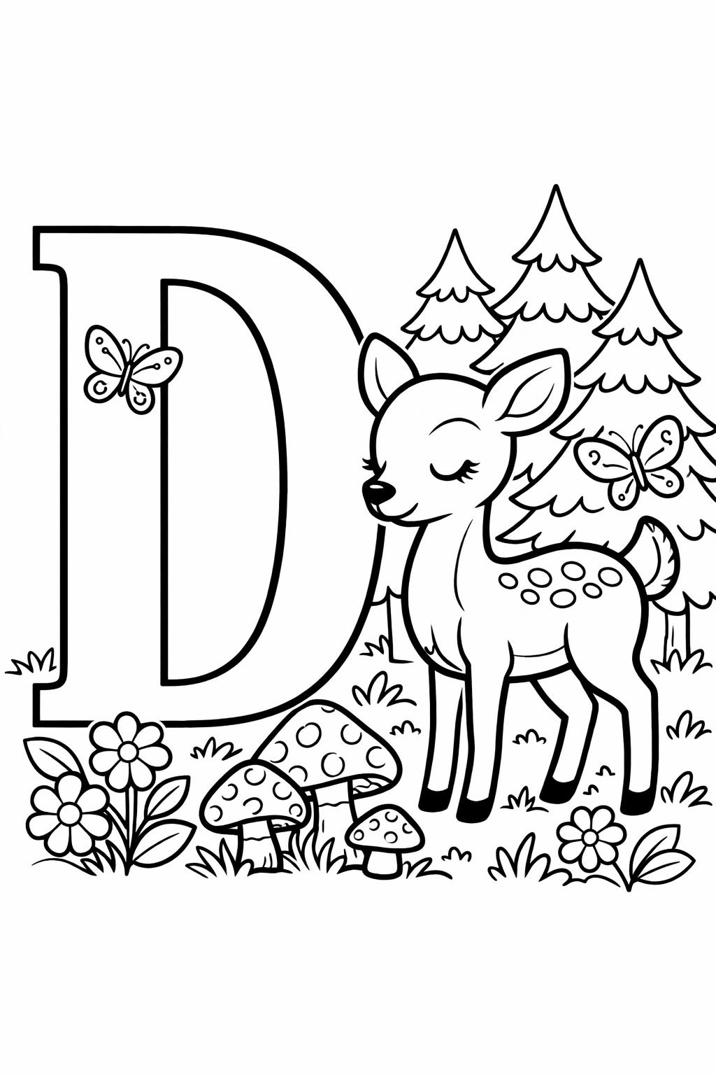 Large letter D beside a sleepy deer calf among trees, flowers, and mushrooms — a kids' coloring page scene.