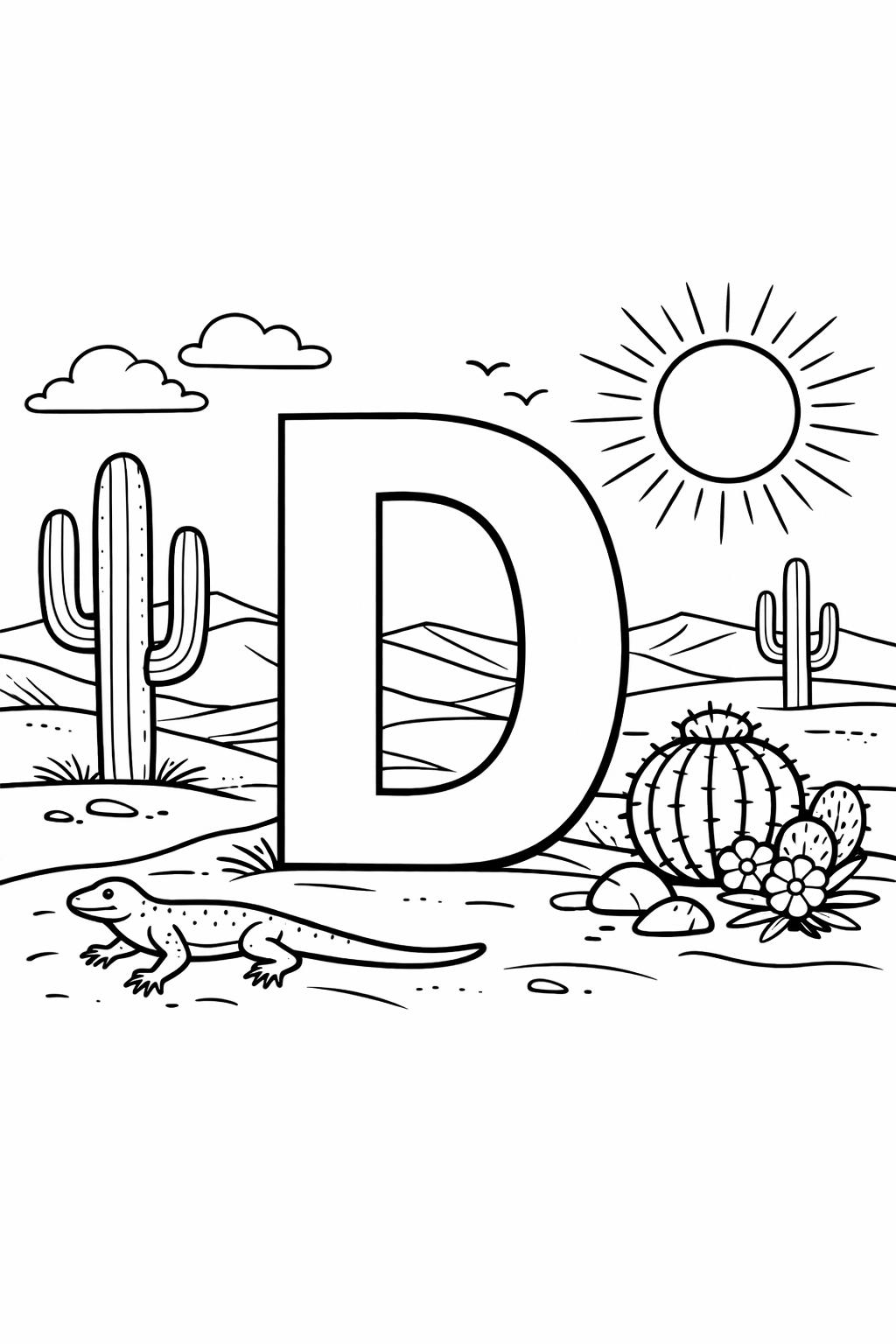 bubble letter D coloring page | large outline letter | easy coloring sheet