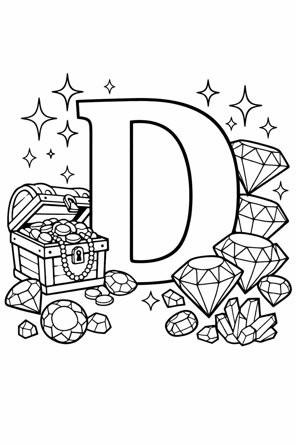Large capital letter D surrounded by diamonds, gems, and a treasure chest overflowing with coins and sparkles.