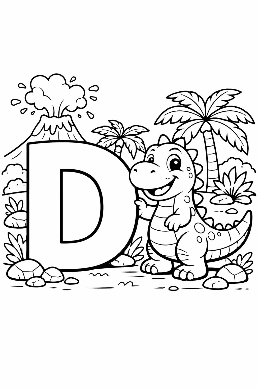 Cartoon dinosaur standing next to a large letter D in a jungle scene with palm trees and a volcano ready to color