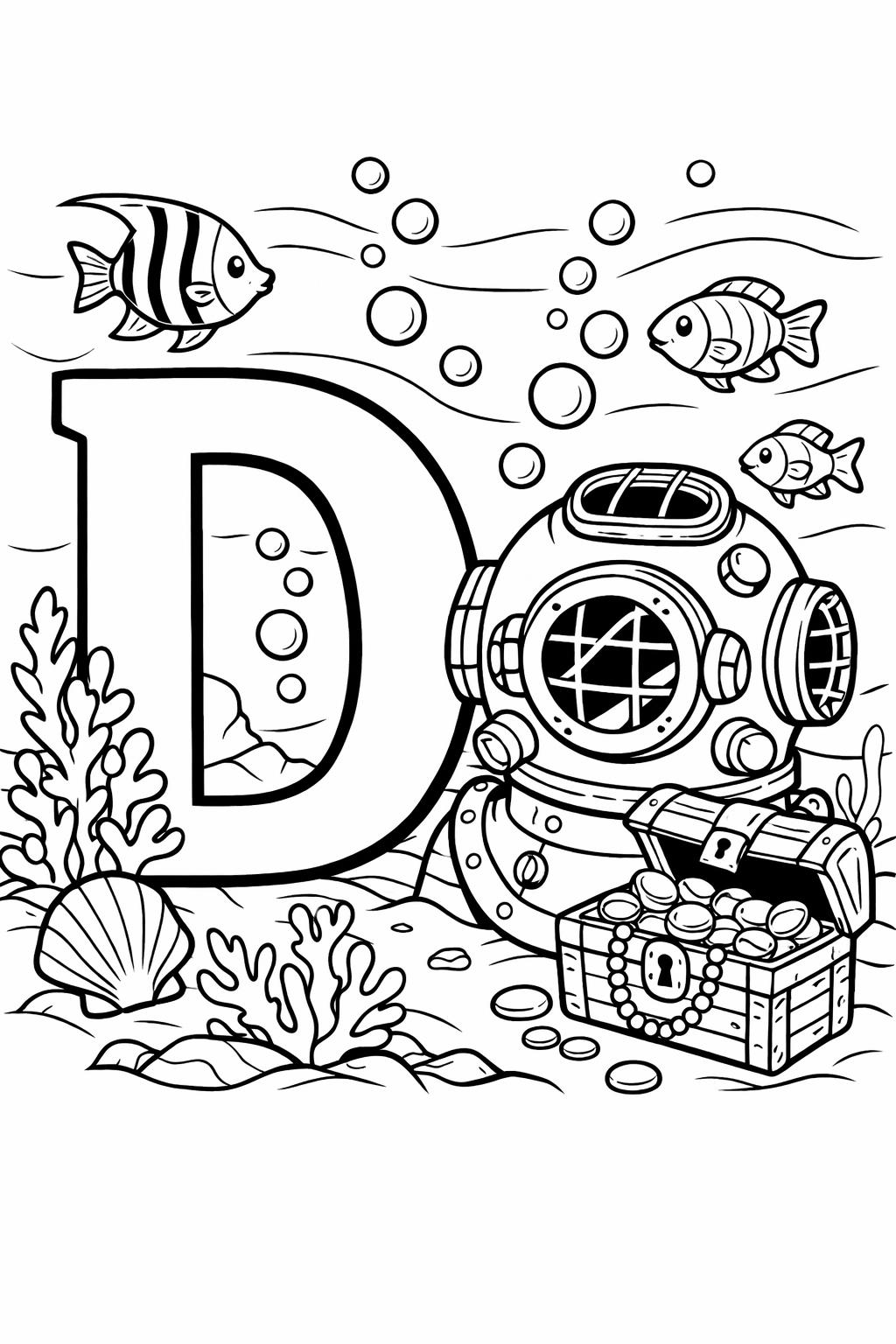 Underwater scene with a large letter D, a vintage diving helmet, treasure chest overflowing with coins, and fish swimming among coral.