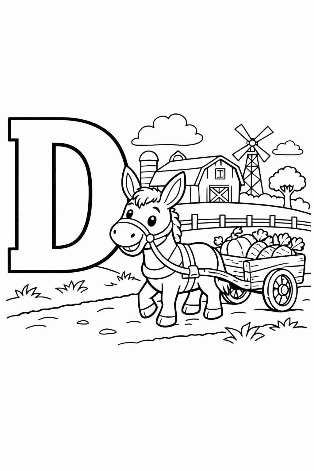 smiling letter D coloring page | cute alphabet illustration | preschool coloring page