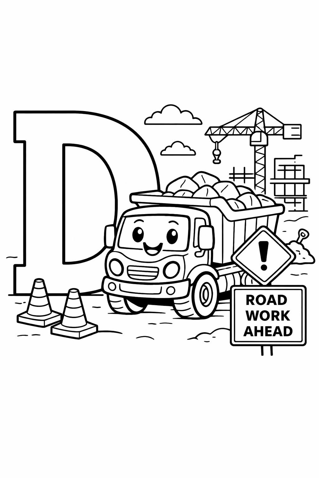 letter D objects page | words that start with D | educational coloring sheet