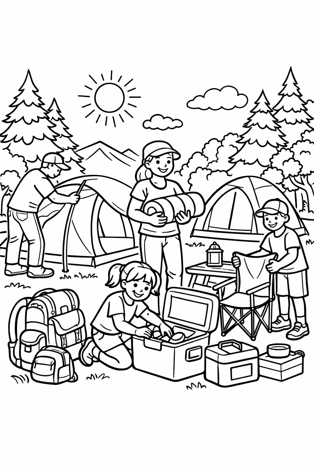 mountain campsite coloring page | scenic wilderness illustration | adventure artwork