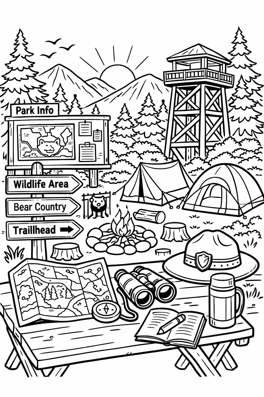 wildlife camping page | animals in nature scene | camping coloring sheet