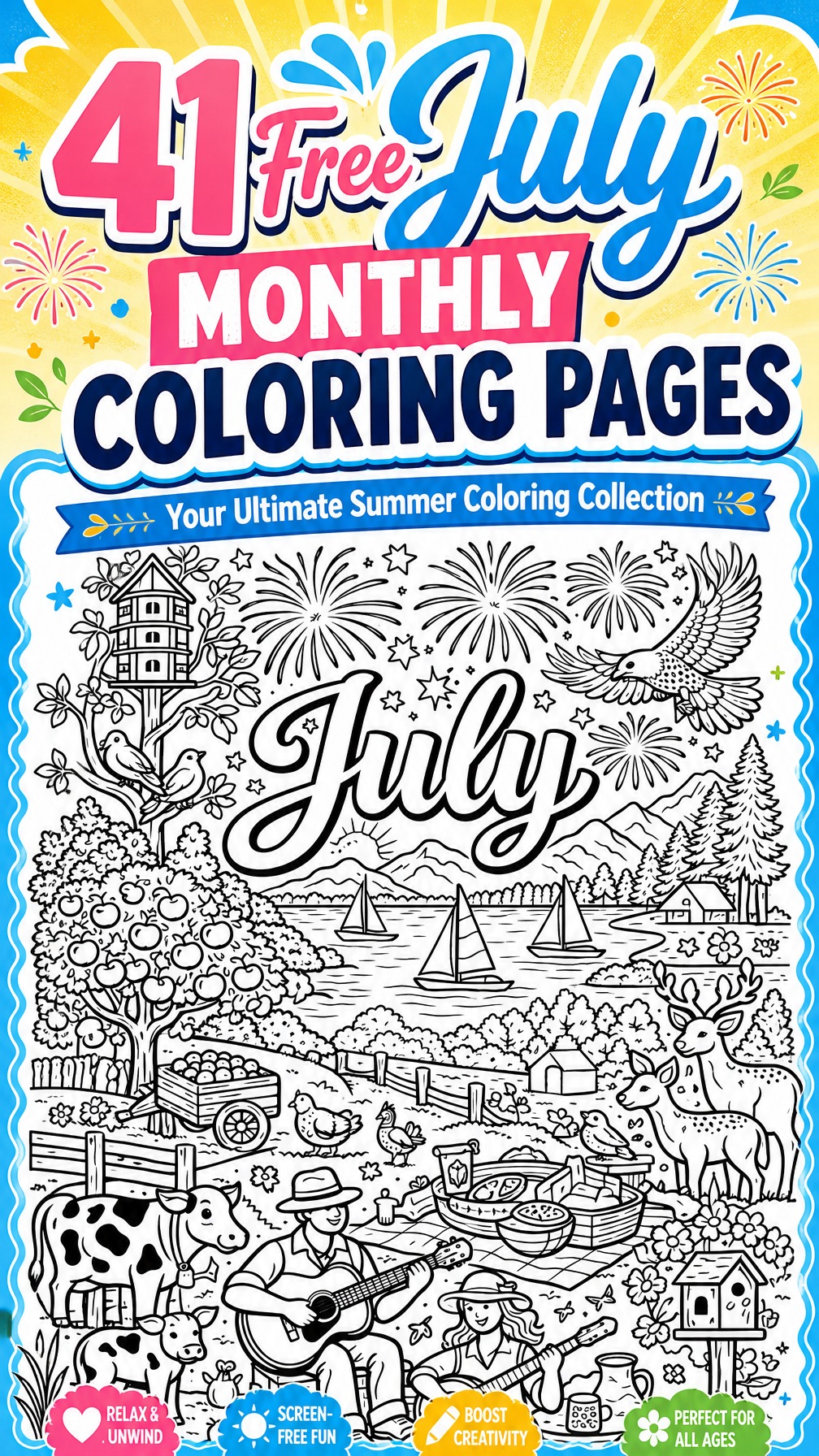 July coloring page | monthly themed coloring sheet | summer coloring design