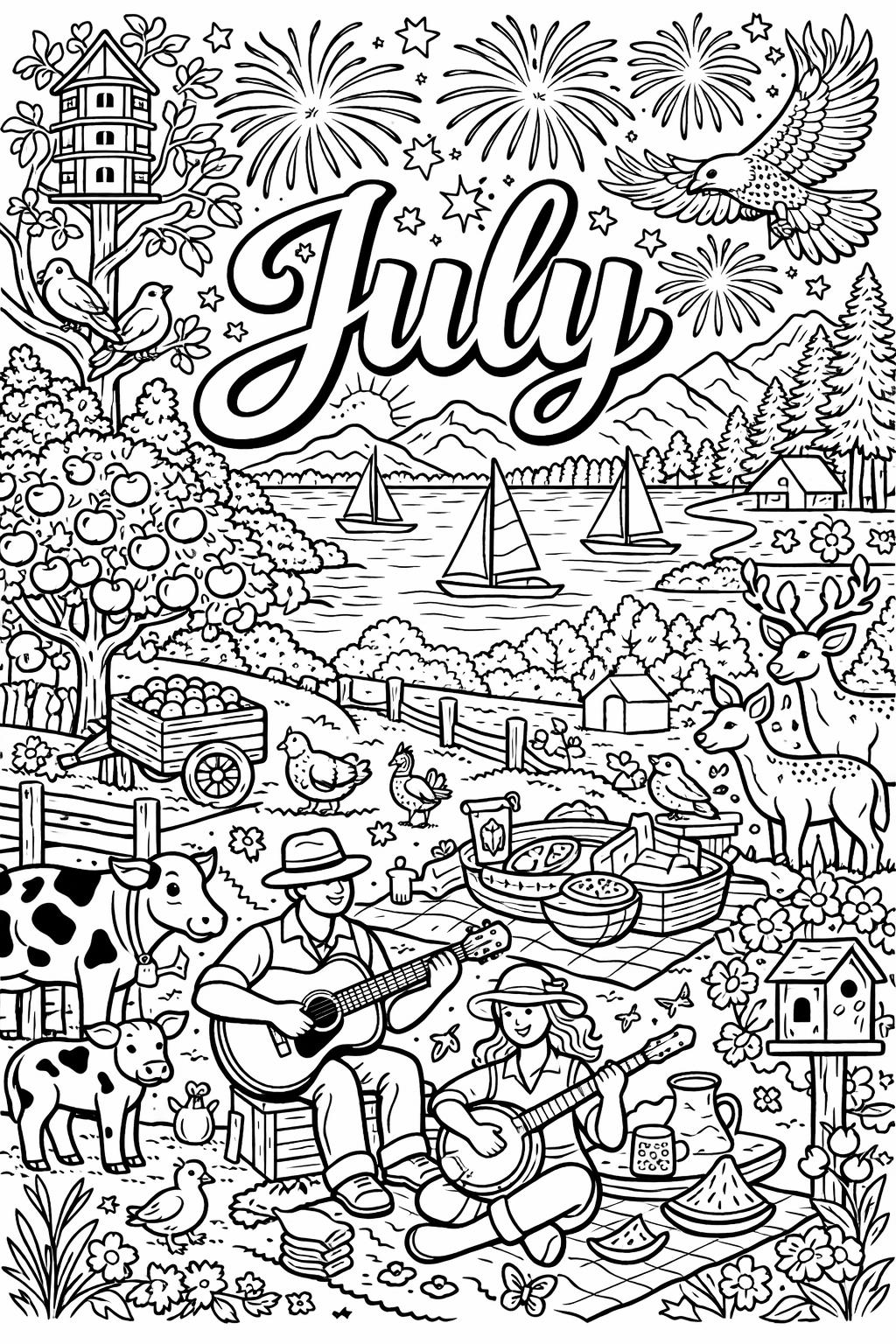 July coloring page | monthly themed coloring sheet | summer coloring design