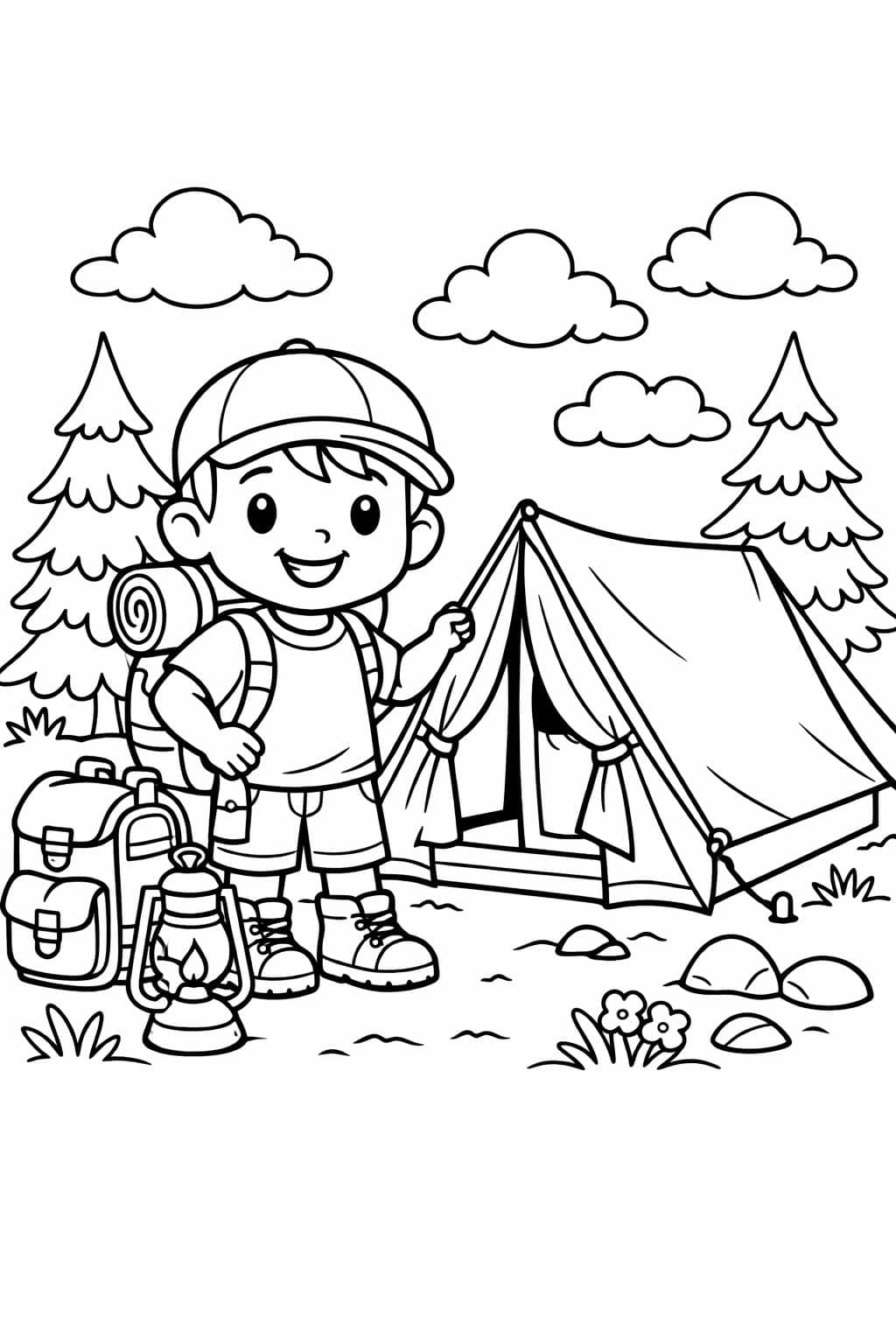 camping landscape coloring page | scenic wilderness artwork | relaxing coloring sheets
