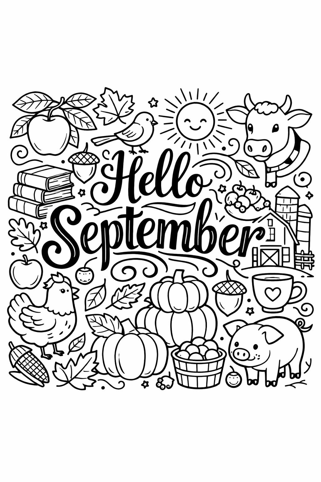 September themed coloring page | fall inspired illustration | printable autumn activity